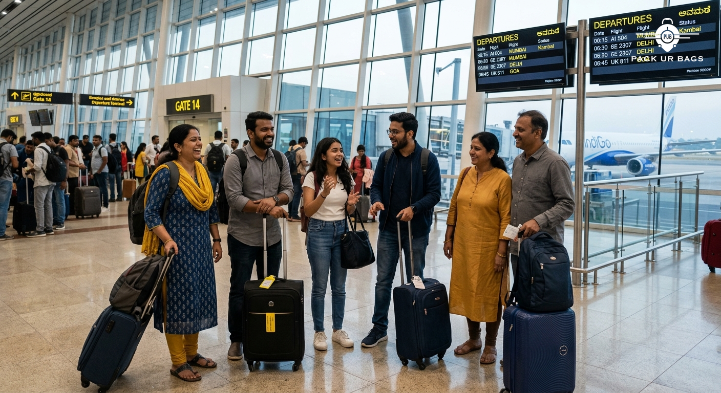 Photorealistic wide-angle photograph of a diverse group of Indian travelers standing at Bangalore's Kempegowda Internati