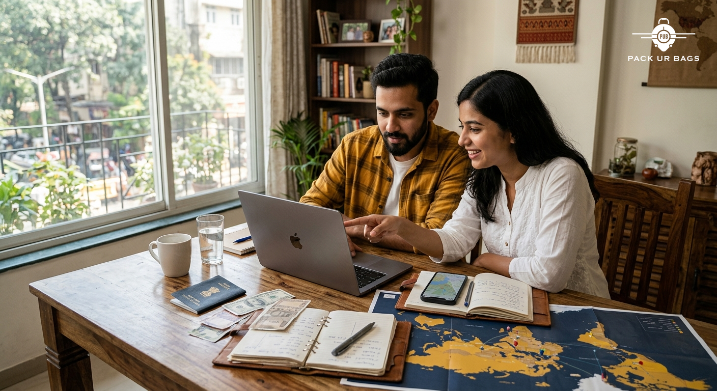 Photorealistic wide-angle shot of a young Indian couple sitting at a wooden table covered with travel planning materials