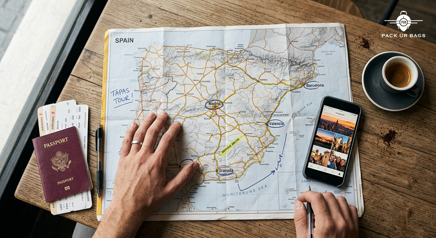 Photorealistic overhead photograph of hands holding a detailed paper travel map spread across a wooden cafe table, handw