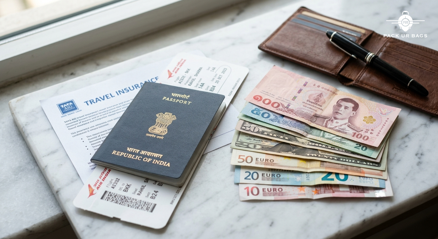 Photorealistic close-up of a boarding pass, Indian passport, travel insurance document, and neatly stacked foreign curre