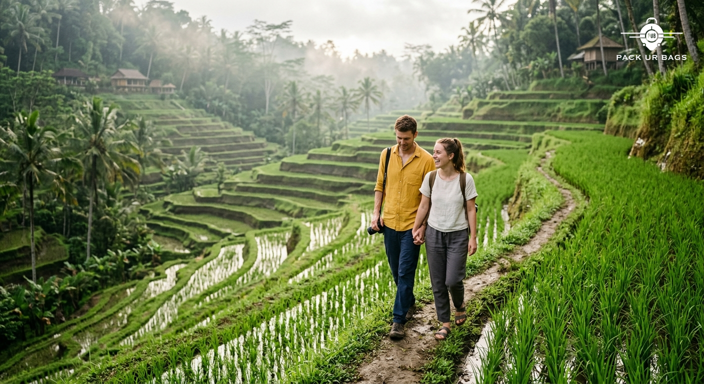Photorealistic image of a couple walking hand-in-hand through a lush green Balinese rice terrace in Ubud, morning light