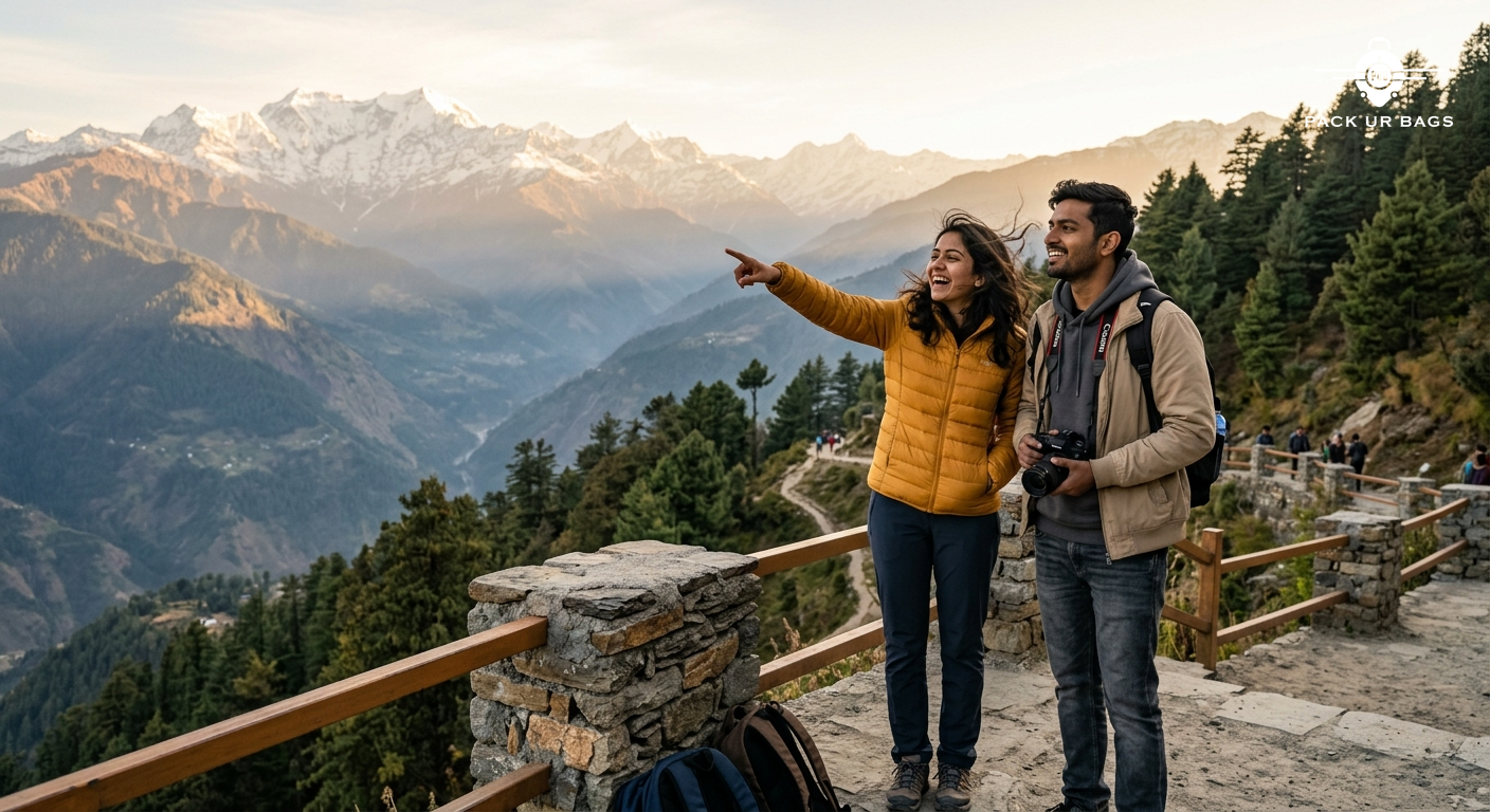 Photorealistic photograph of a young Indian couple standing at a scenic mountain viewpoint in Himachal Pradesh, woman we