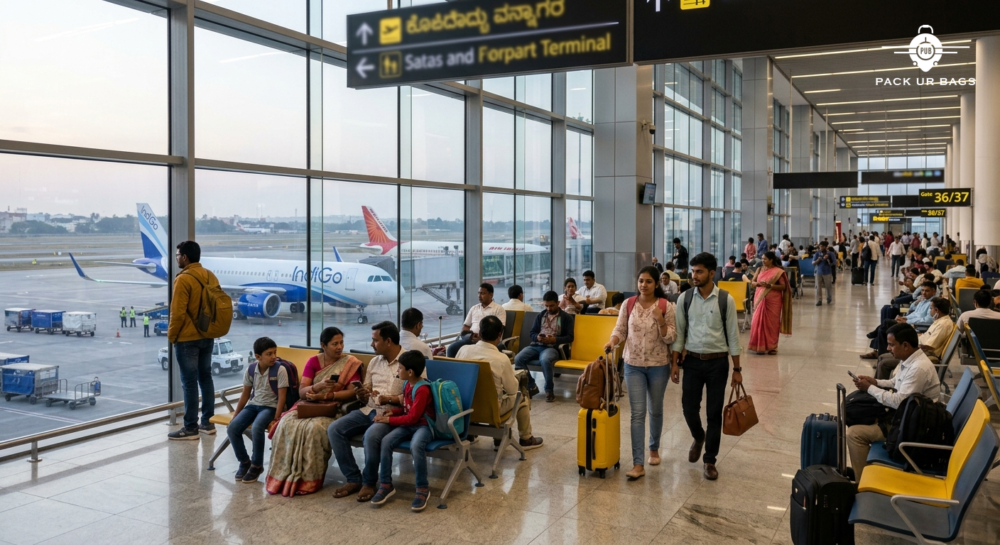 Photorealistic scene inside Kempegowda International Airport Bangalore departure terminal. Wide shot showing Indian trav