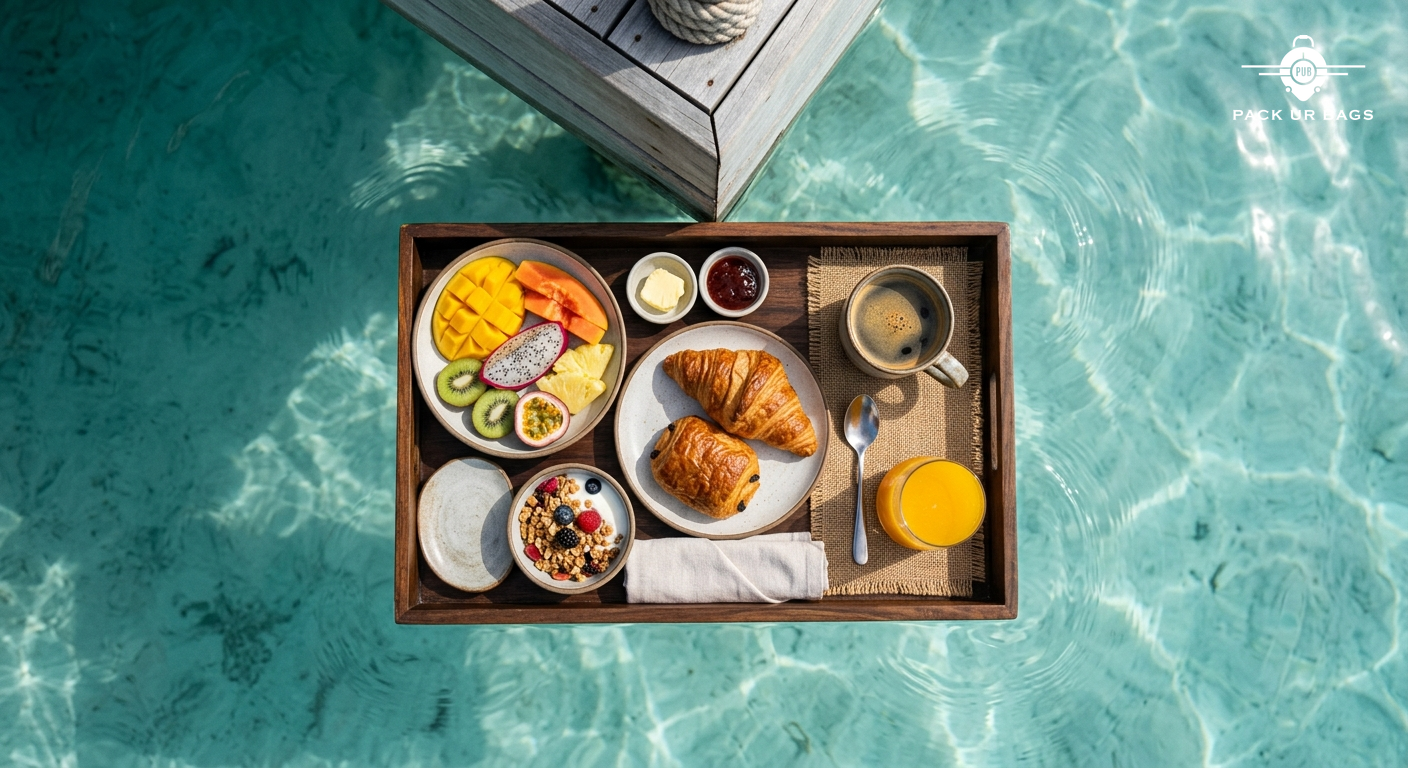 Photorealistic close-up of a floating breakfast tray on calm turquoise Maldivian water, tropical fruit, pastries, and co