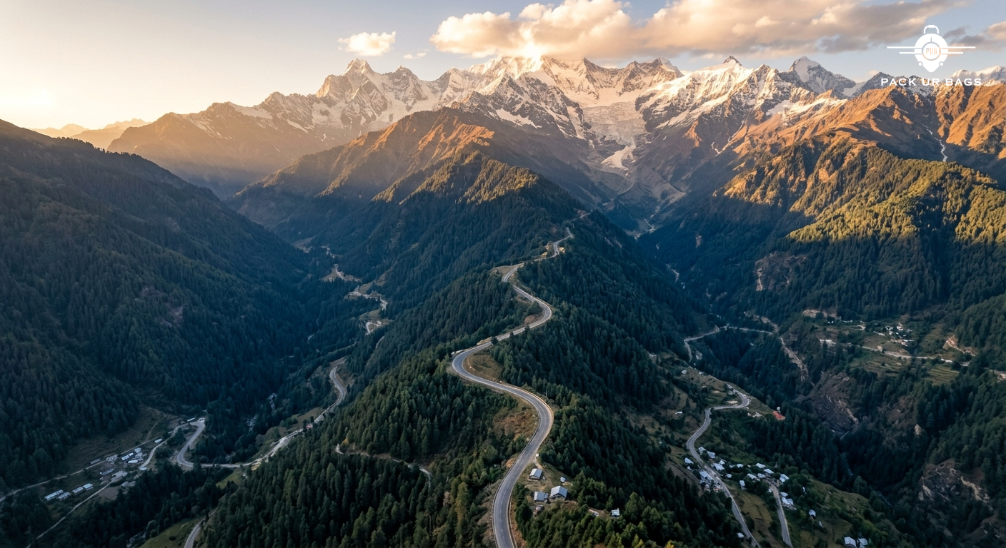 Aerial view of winding mountain roads leading through pine forests toward snow-capped Himalayas, golden hour lighting, d