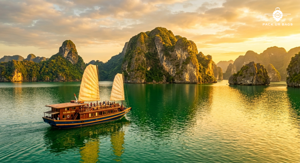 Limestone karsts rising from emerald water in Halong Bay at golden hour, traditional junk boat in foreground, warm sunse