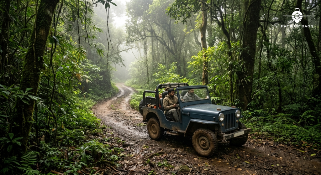 Open-top jeep on narrow forest trail surrounded by dense Western Ghats greenery, early morning mist, natural light filte