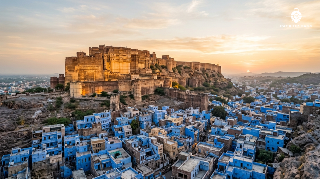 Golden Mehrangarh Fort at sunrise with blue city houses below, warm light, dramatic Rajasthan architecture, wide cinemat