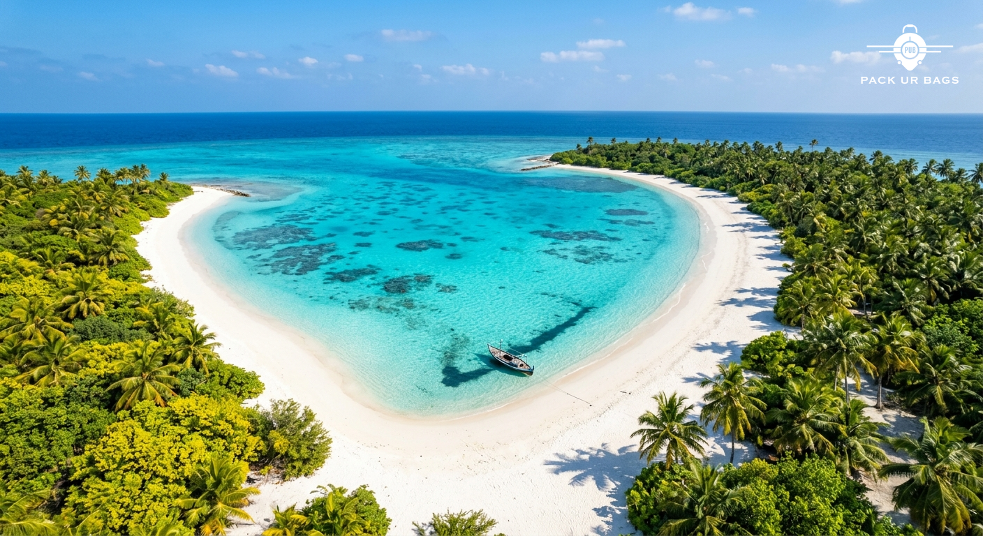 Aerial view of turquoise lagoon and white sand beach in Lakshadweep, bright midday sun, crystal-clear water, minimal clo