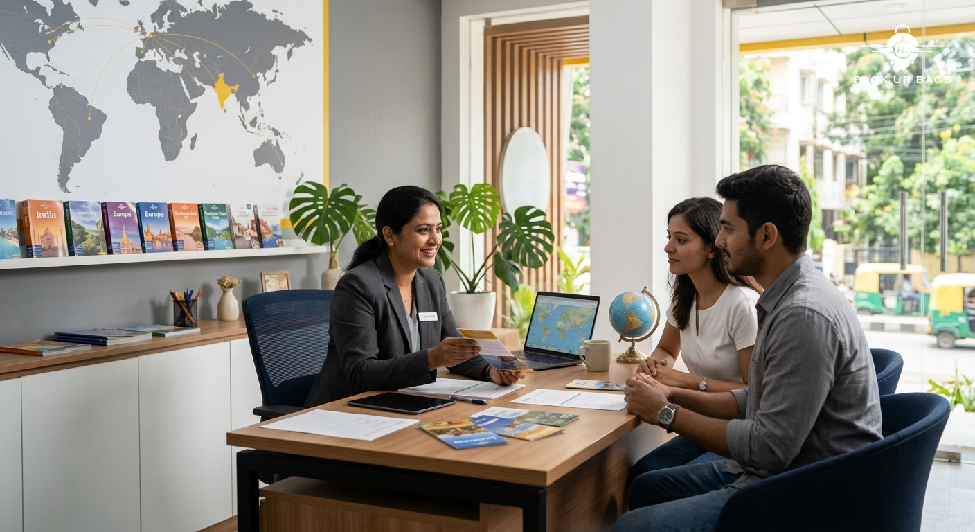 Bangalore travel agent office consultation scene, warm natural lighting, modern workspace, travel maps and brochures vis