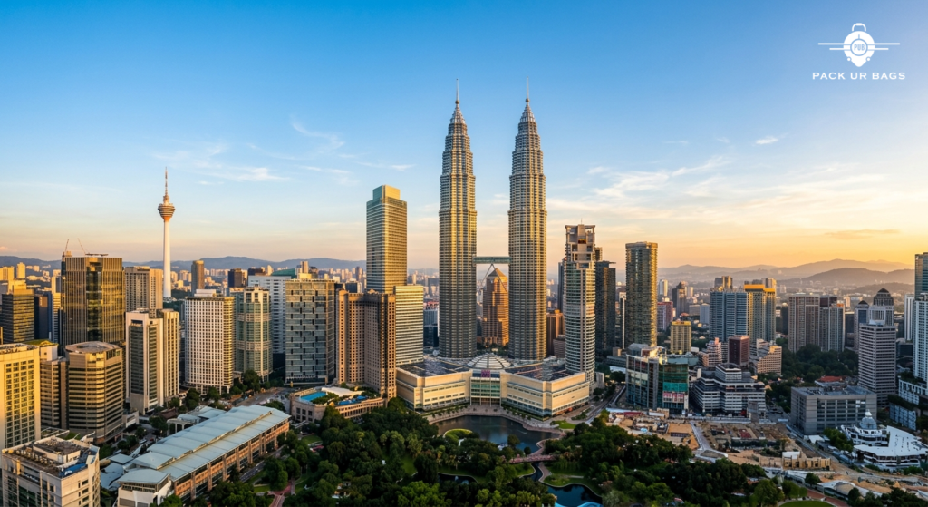 Aerial view of Petronas Twin Towers in Kuala Lumpur during golden hour, clear blue sky, modern skyline, sharp architectu