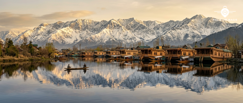 Panoramic view of Dal Lake houseboats with snow-capped mountains in golden morning light, calm water reflections, serene