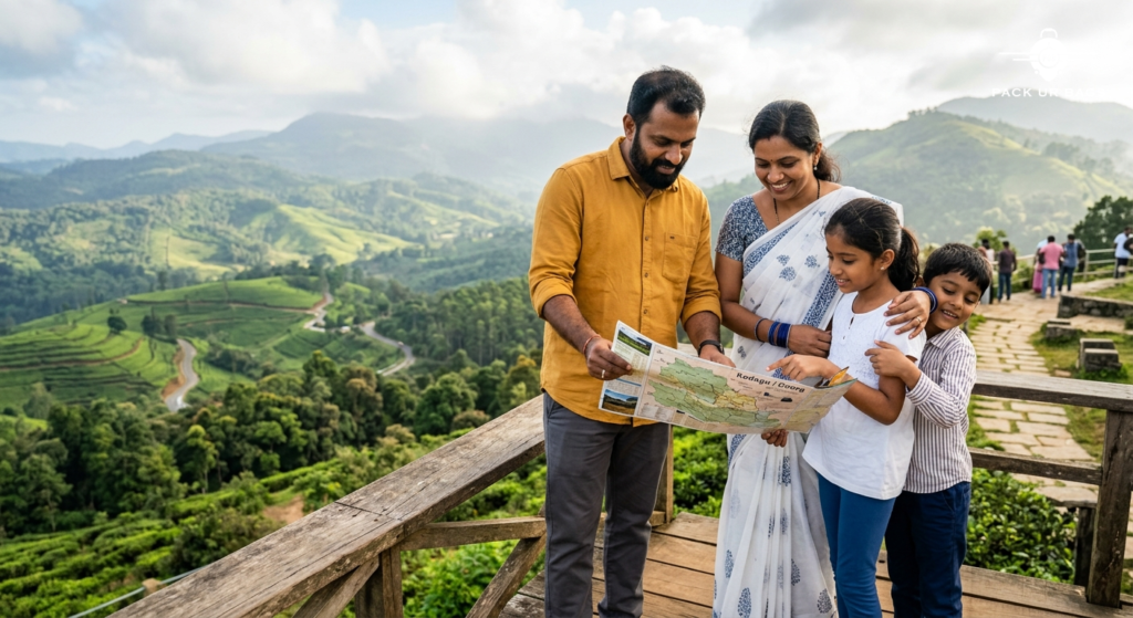 Indian family of four checking a map outdoors at a scenic Karnataka hill station, natural daylight, candid travel moment
