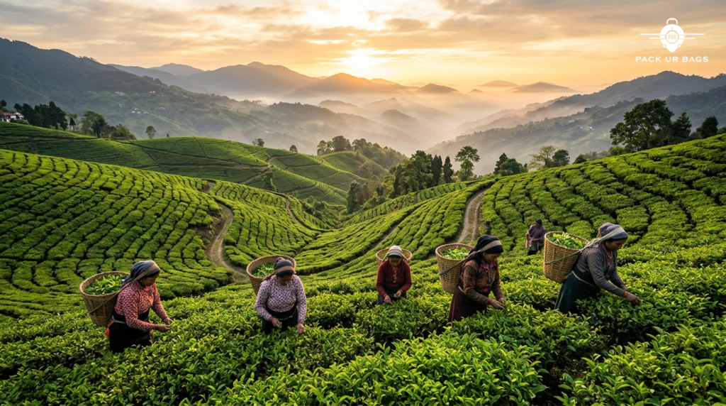 Wide shot of terraced Darjeeling tea gardens at sunrise, women plucking tea leaves, misty hills in background, golden ho