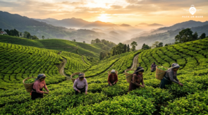Wide shot of terraced Darjeeling tea gardens at sunrise, women plucking tea leaves, misty hills in background, golden ho