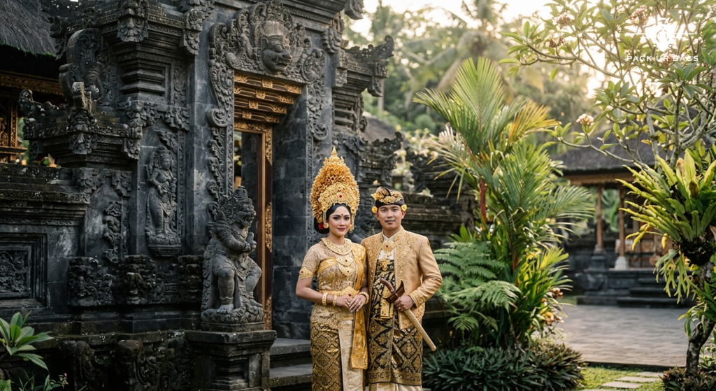 Balinese couple in traditional wedding attire standing in front of an ornate temple entrance with soft golden hour light