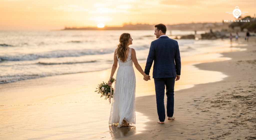 Newlywed couple holding hands walking on a serene beach at golden hour, warm sunlight, soft focus background, intimate a