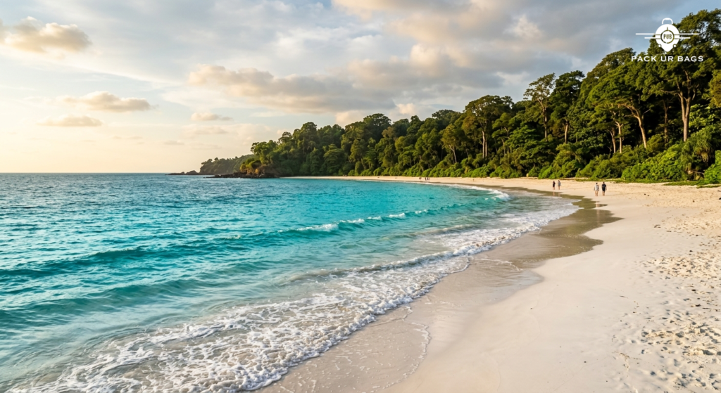 Turquoise waters meeting white sand at Radhanagar Beach Havelock with lush forest backdrop, golden afternoon light, wide