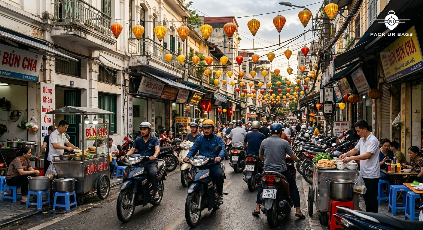 Bustling Old Quarter street in Hanoi with motorbikes, street food vendors, colourful lanterns overhead, late afternoon n
