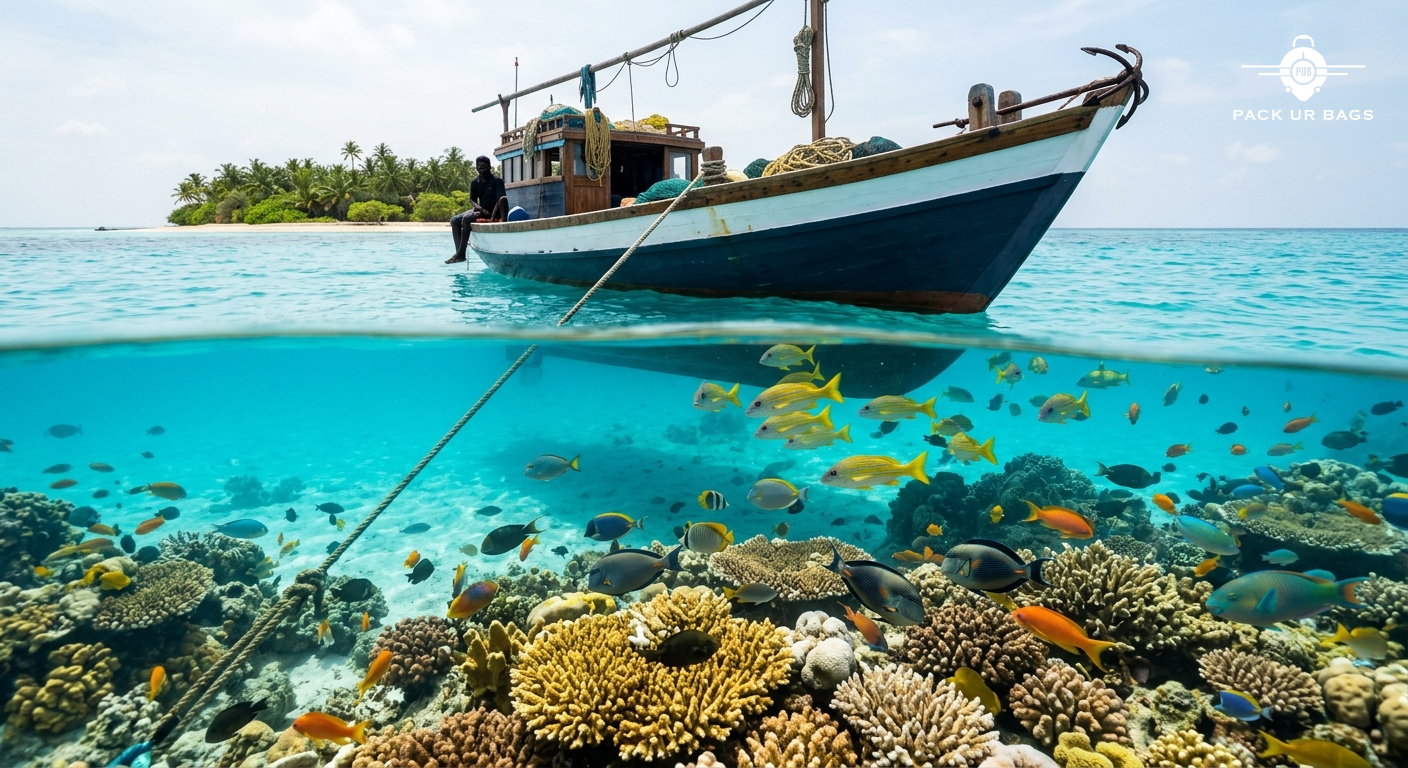 Traditional wooden boat anchored near coral reef in Lakshadweep, Lakshadweep Tour Package