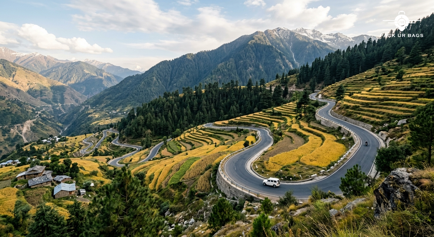 Winding mountain road through Himachal Pradesh valleys, terraced fields, pine forests, soft afternoon sunlight, sense of
