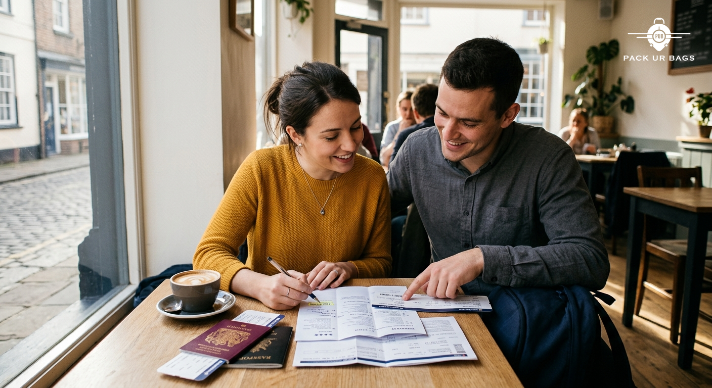 Young couple reviewing travel documents and itinerary at cafe table, passports and boarding passes visible, warm afterno