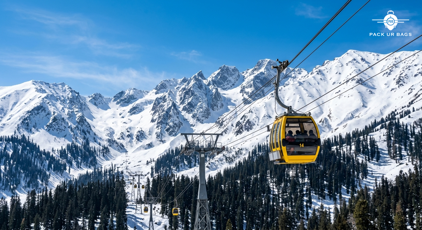 Gulmarg Gondola cable car ascending snow-covered mountain peaks, clear blue sky, pine forests below, dramatic mountain l