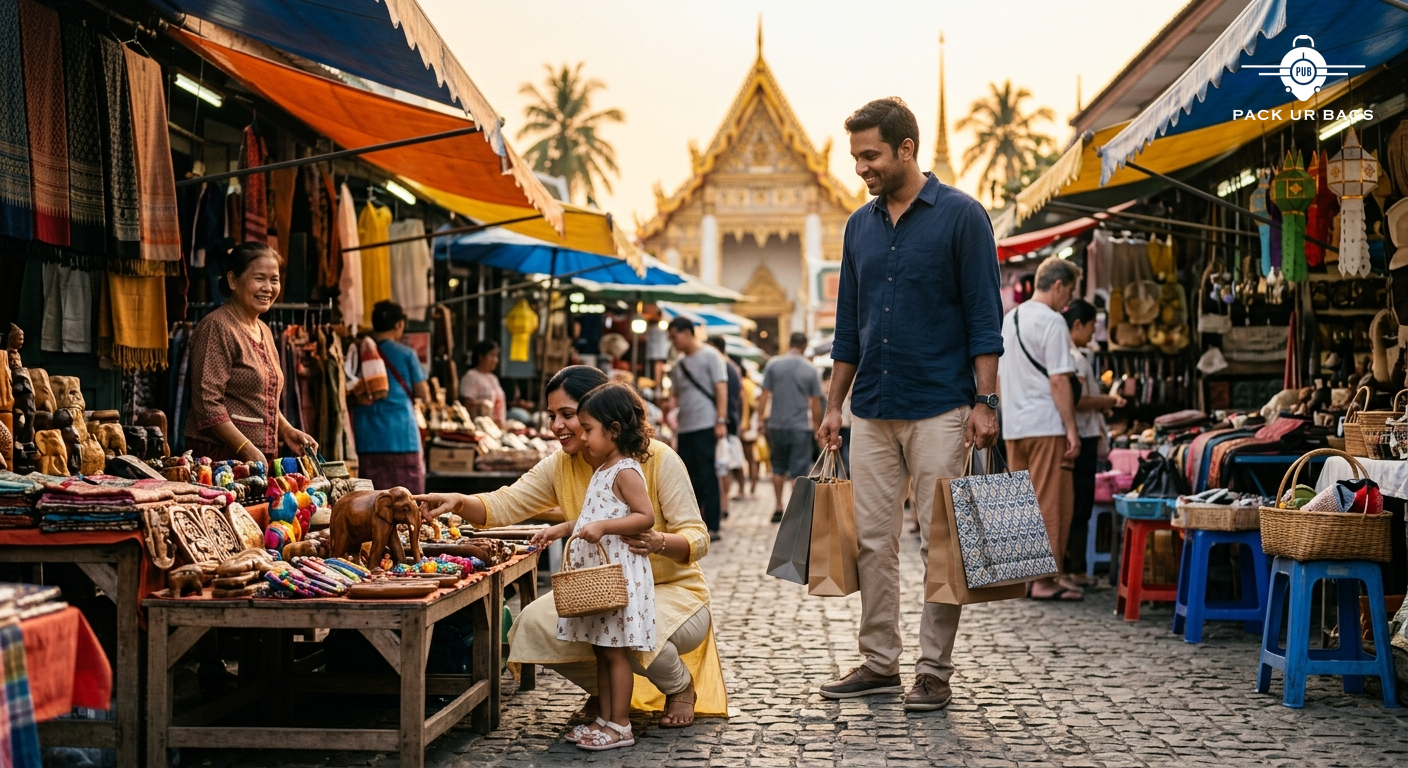 A realistic photograph of a young Indian family exploring a vibrant Southeast Asian street market at golden hour, mother