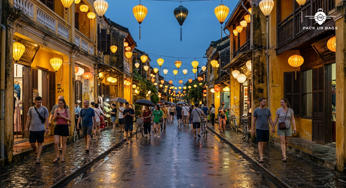 Lantern-lit ancient street in Hoi An at dusk, yellow historic buildings, tourists walking, reflections on wet stone pave