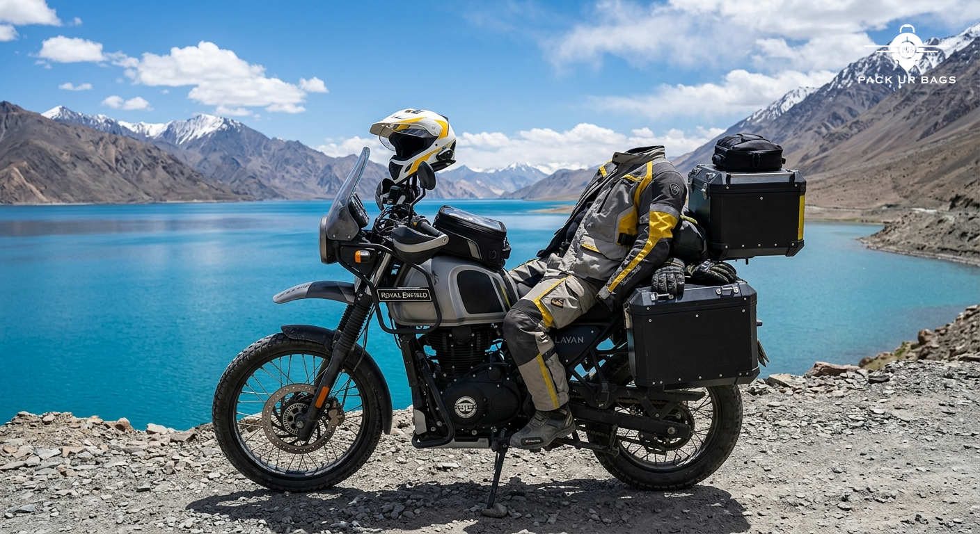 Royal Enfield Himalayan fully loaded with panniers and riding gear parked near Pangong Lake, turquoise water and mountai