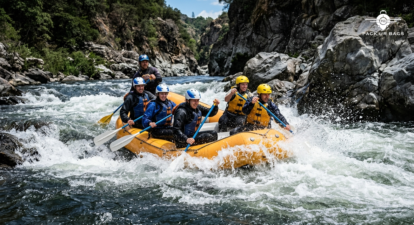 White-water rafting team navigating Kali River rapids, splashing water, action shot, bright daylight, adventure energy