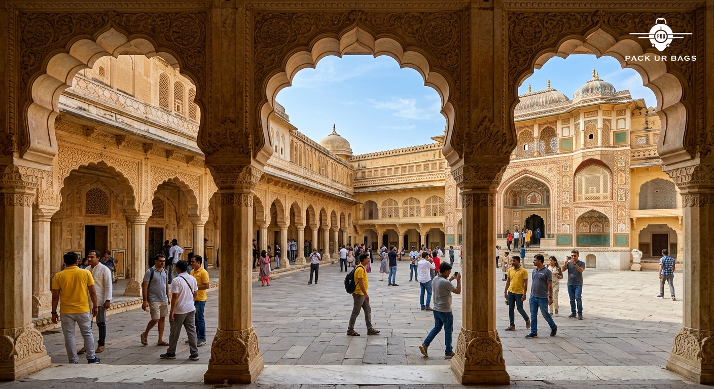 Jaipur Amber Fort courtyard with intricate Mughal arches, tourists exploring, bright daylight, detailed sandstone carvin