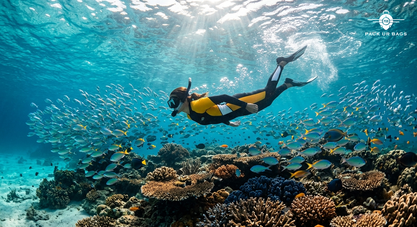 Snorkeler exploring coral reef in Lakshadweep waters, school of tropical fish, clear turquoise water, sunlight filtering