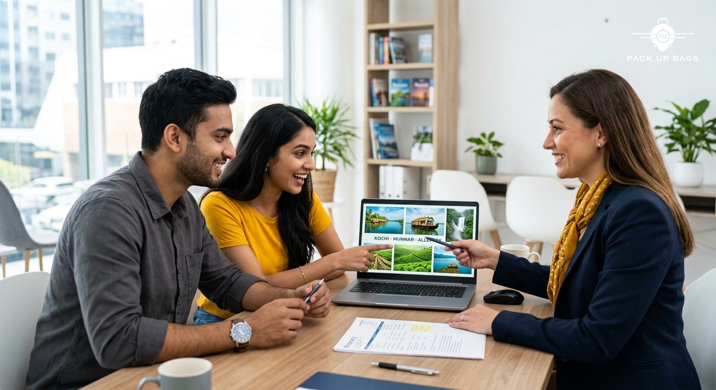 Young Indian couple reviewing travel itinerary with agent, laptop screen showing destination photos, bright office inter