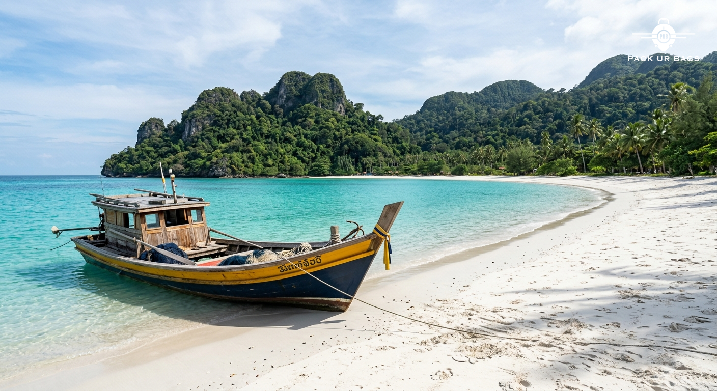 Pristine white sand beach in Langkawi with turquoise water, traditional boat in foreground, lush green hills in backgrou