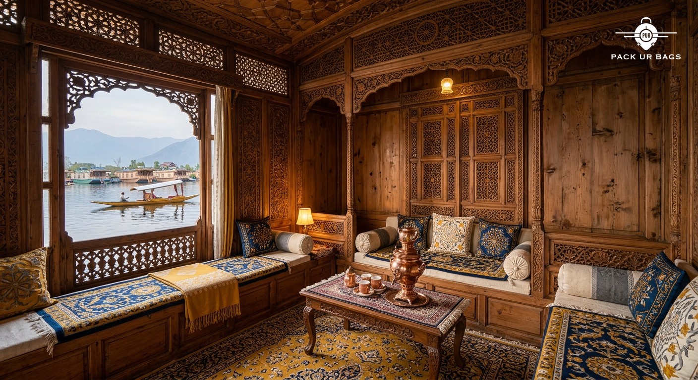 Traditional Kashmiri houseboat interior with carved wooden details, colorful textiles, warm ambient lighting, intimate a
