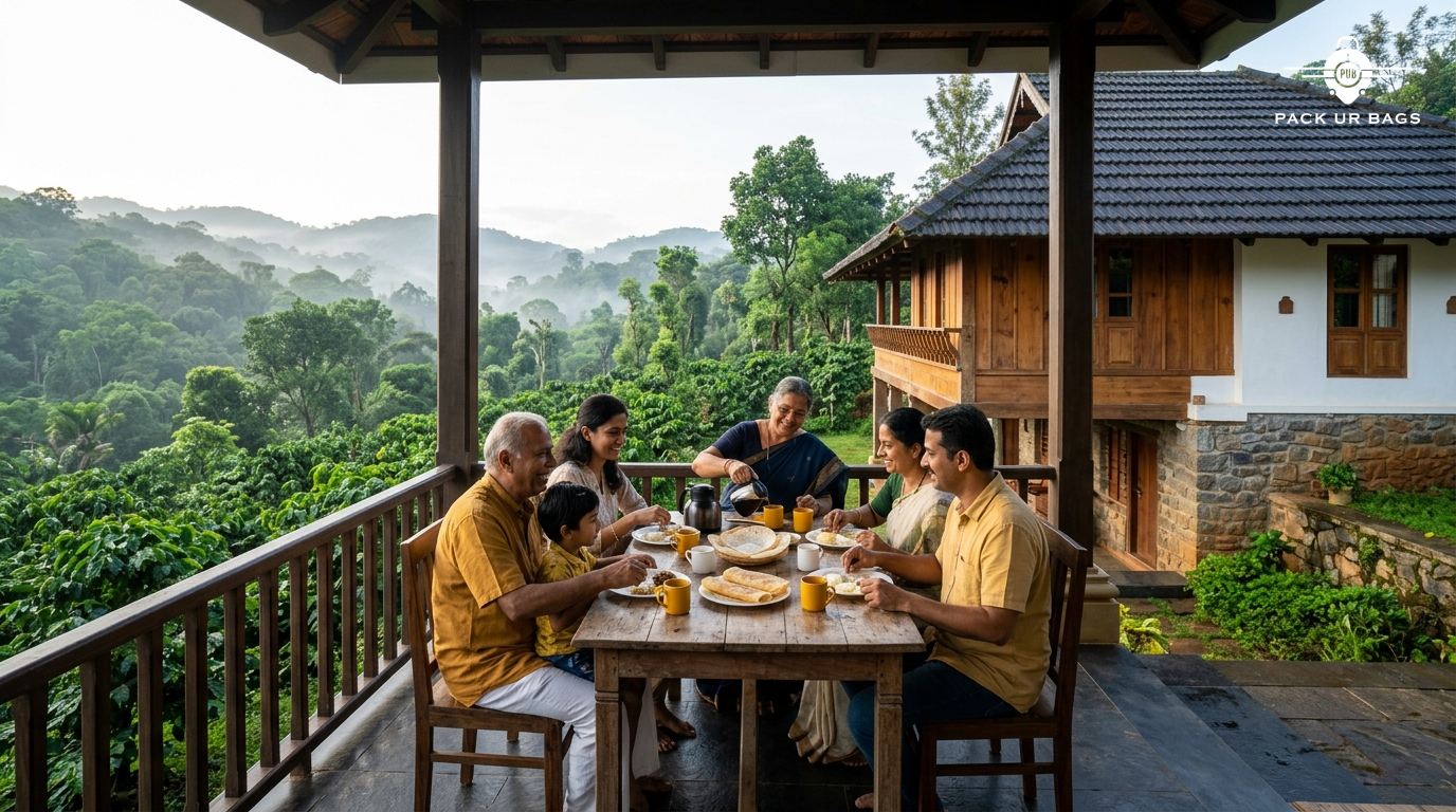 Wide shot of a homestay in Coorg with a family having breakfast on an outdoor veranda, lush greenery in background, morn