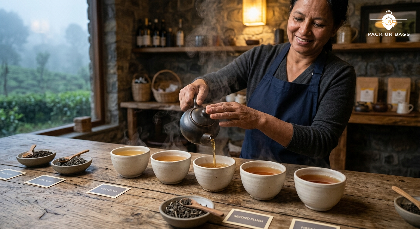 Tea tasting setup on a wooden table, multiple cups of brewed Darjeeling tea, steam rising, estate manager pouring, cozy