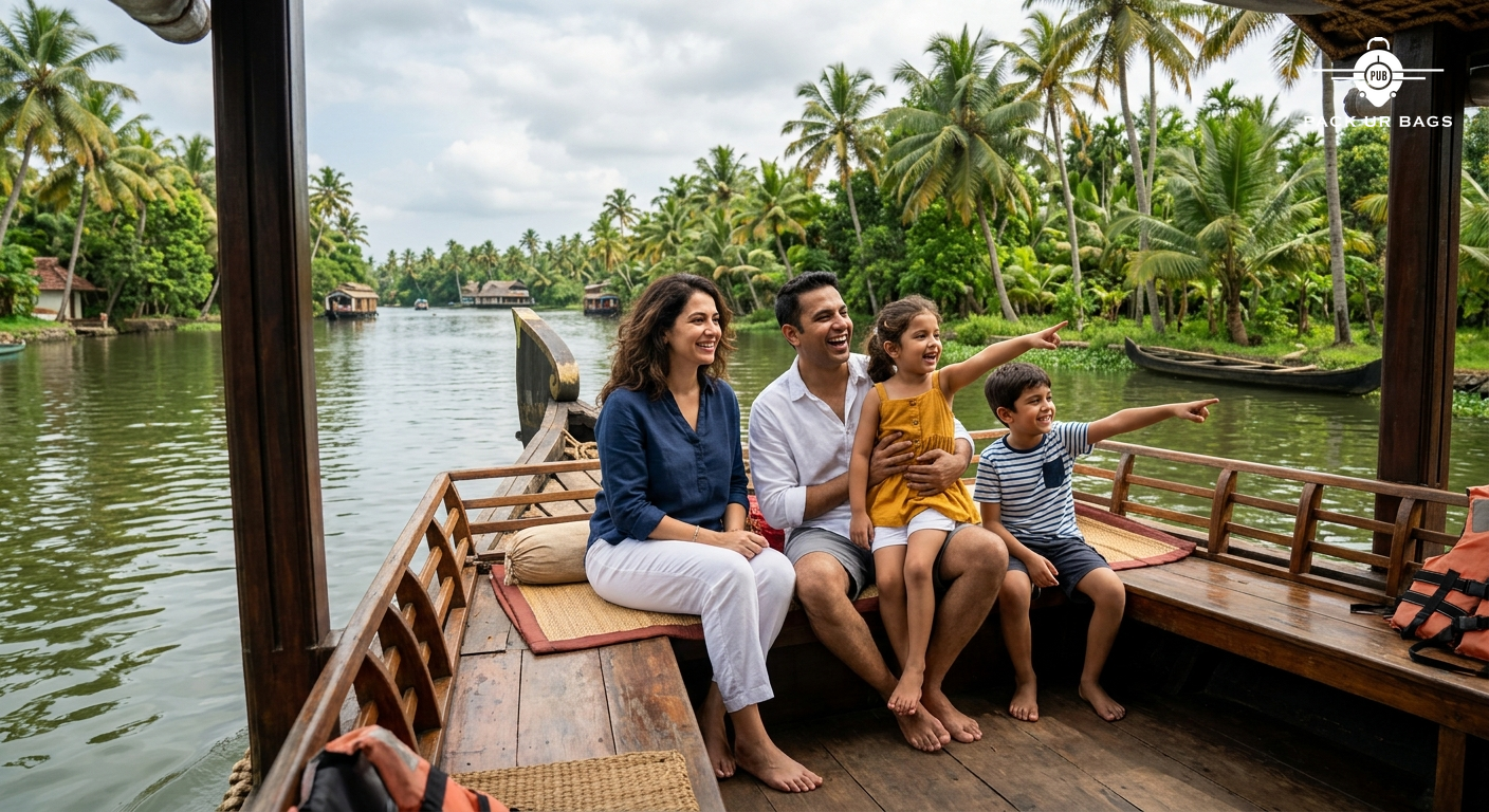 Family of four enjoying a houseboat ride on Kerala backwaters, kids pointing at scenery, lush green background, relaxed
