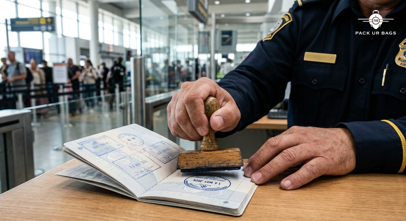 Close-up of hand stamping passport at immigration desk, official uniform visible, focused documentary style, realistic a