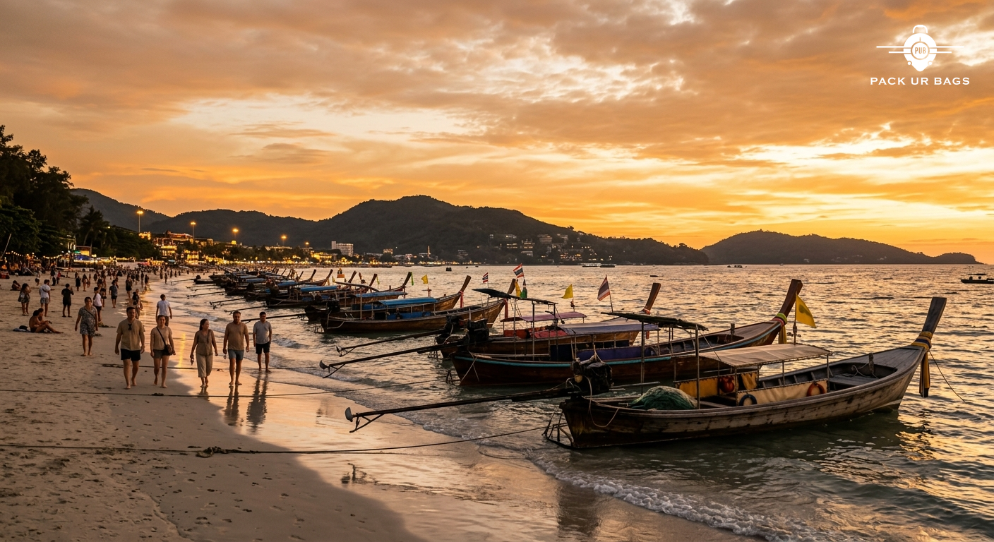 Patong Beach sunset, longtail boats, warm orange sky, travelers on beach, Phuket coastline, evening ambiance, natural to