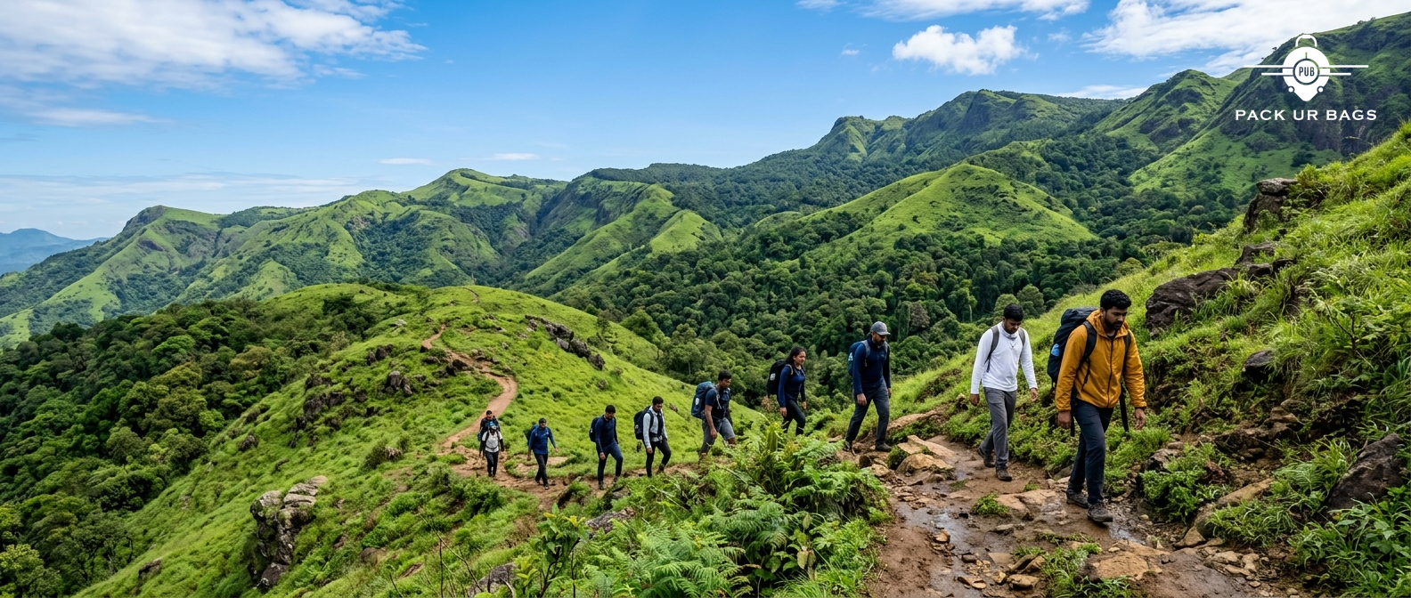 Wide-angle view of a group trekking through lush green hills near Bangalore, clear blue sky, adventure travel style, vib