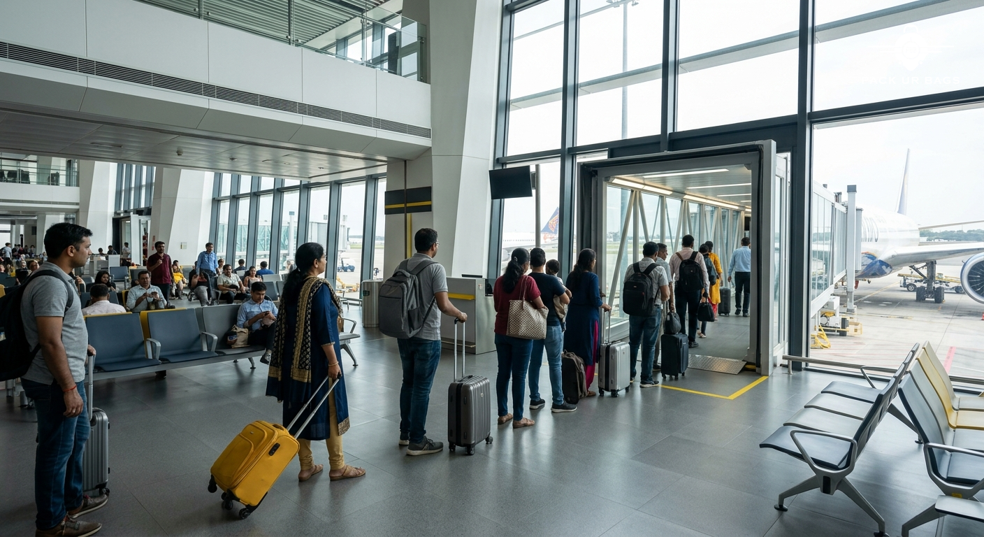 Interior view of modern Bangalore airport departure gate, Indian passengers with luggage boarding international flight,