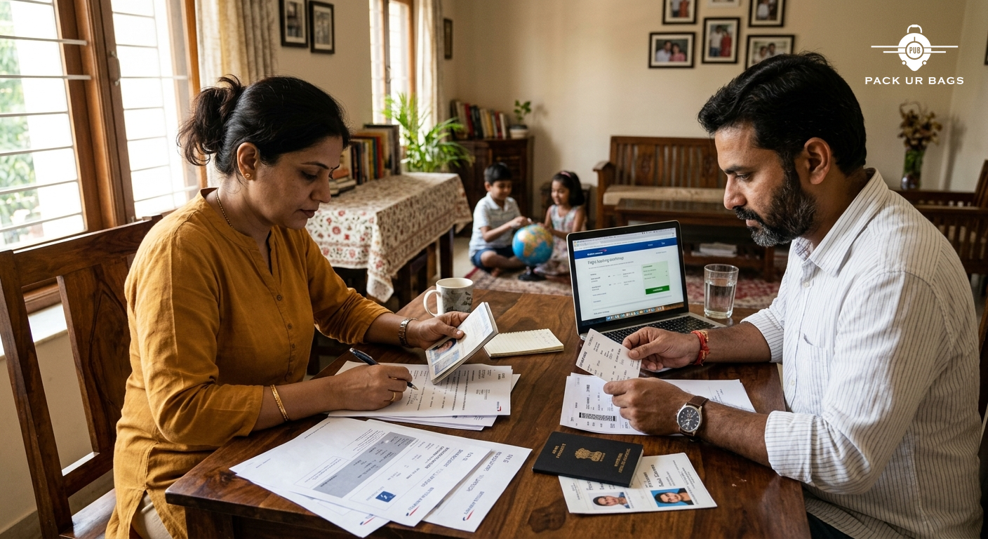 A photorealistic image of an Indian mother and father reviewing travel documents at a wooden dining table at home, lapto