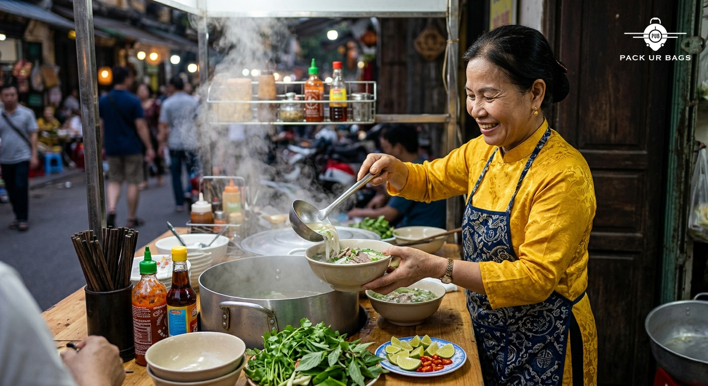 Vietnamese woman in traditional ao dai serving fresh pho at street stall, steam rising, colourful herbs and lime on side