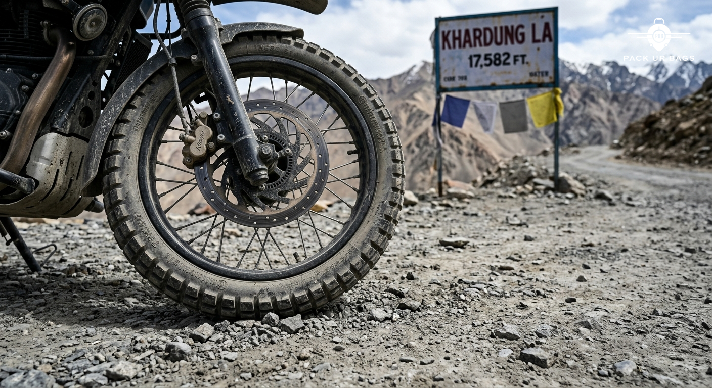 Close-up of motorcycle tyres on gravel road in Nubra Valley with Khardung La signboard visible, dust and stones, rugged