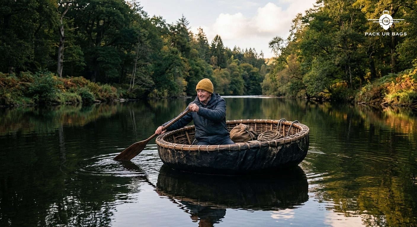 Traditional round coracle boat floating on calm river section, forest reflection in water, guide rowing, soft afternoon
