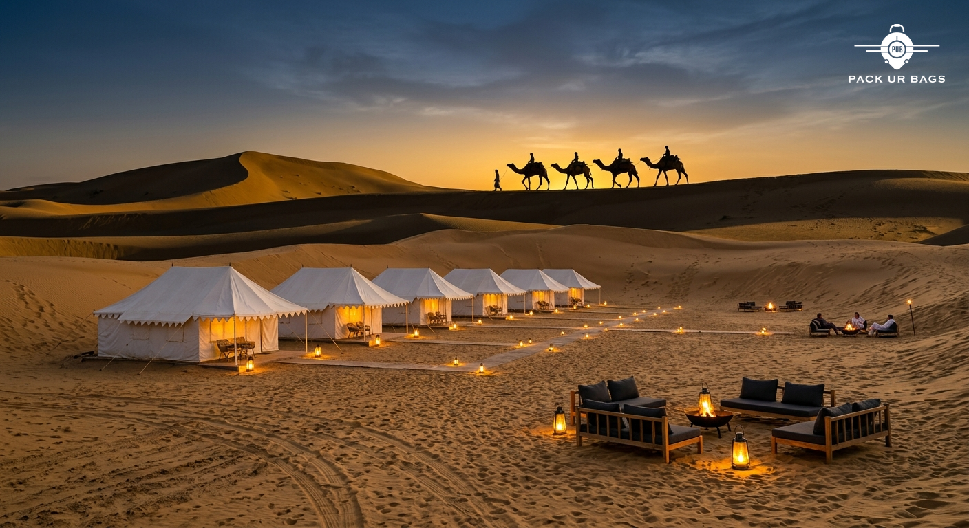Rajasthan desert camp at dusk, camel silhouettes, golden sand dunes, traditional tents, warm ambient lighting, peaceful