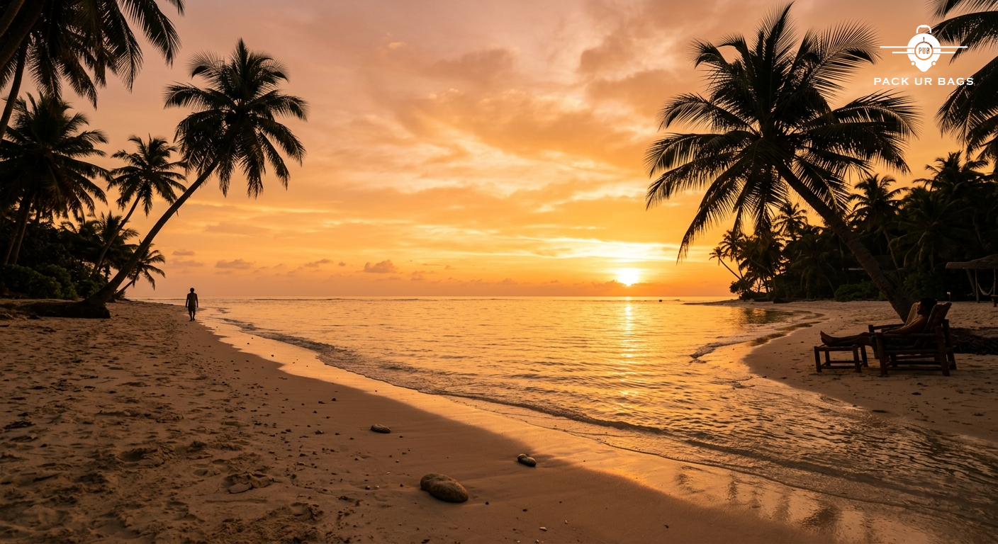 Sunset view from Agatti island beach, palm trees silhouetted against orange sky, calm Arabian Sea, peaceful evening atmo