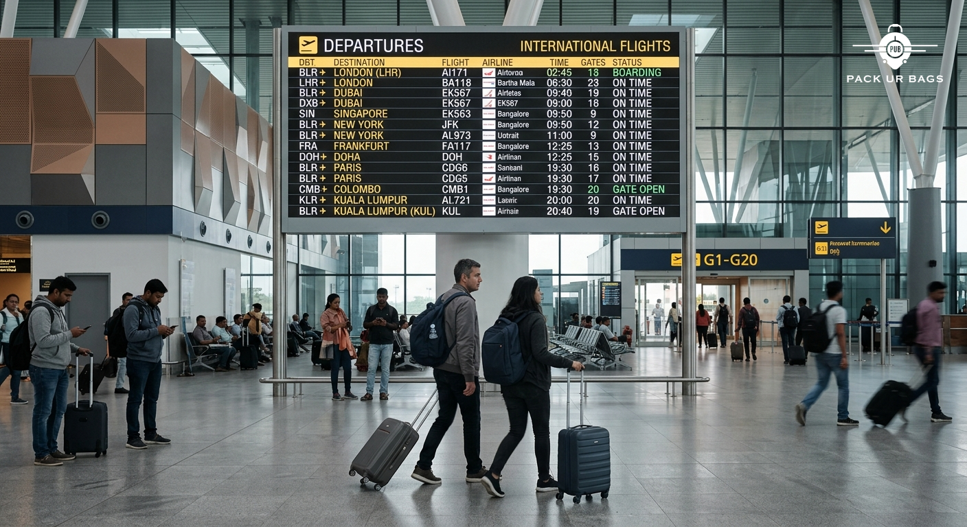 Airport departure board showing international destinations from Bangalore, travelers in background, contemporary termina